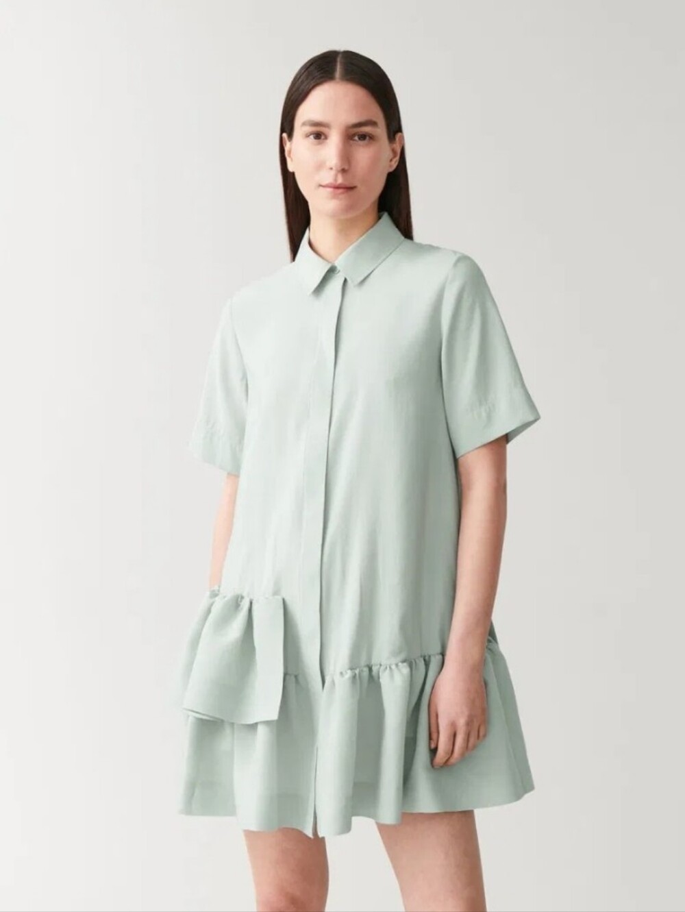 COS Frilled Short-Sleeved Shirt Dress Sage Green Size 8